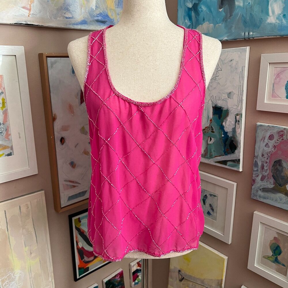 y2k Pink Sheer Beaded Sleeveless Blouse‎ Studio Spa Tank Top Size S Going Out